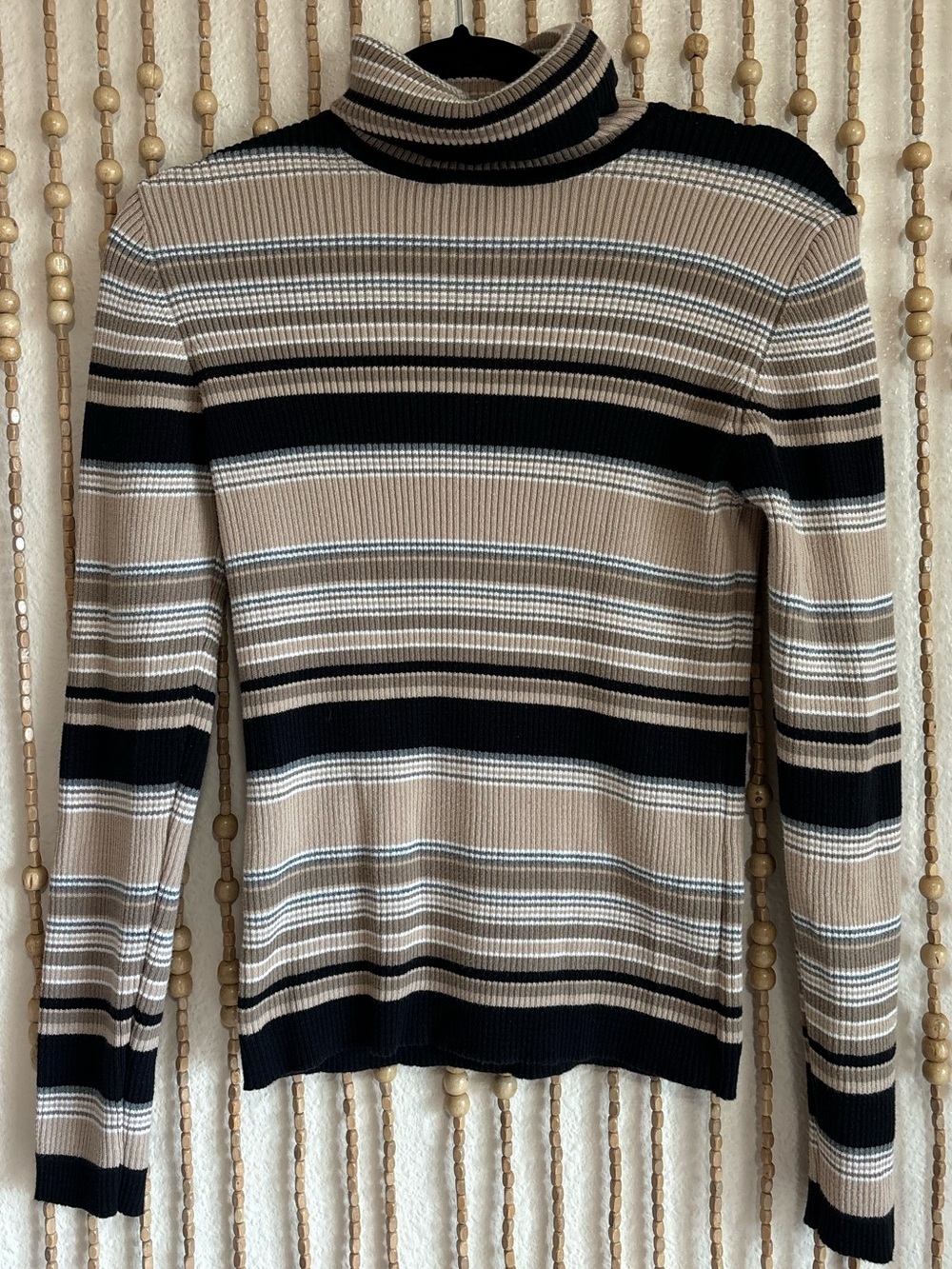 Vintage 2003 y2k Old Navy Striped Turtleneck Sweater Beige Black Boho Grunge M